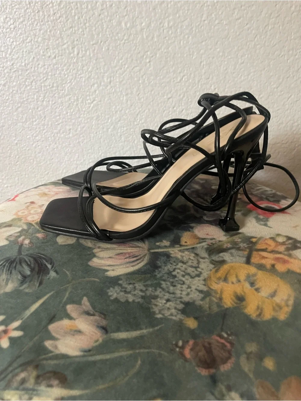 Black Lace-Up Square-Toe High Heel Sandals